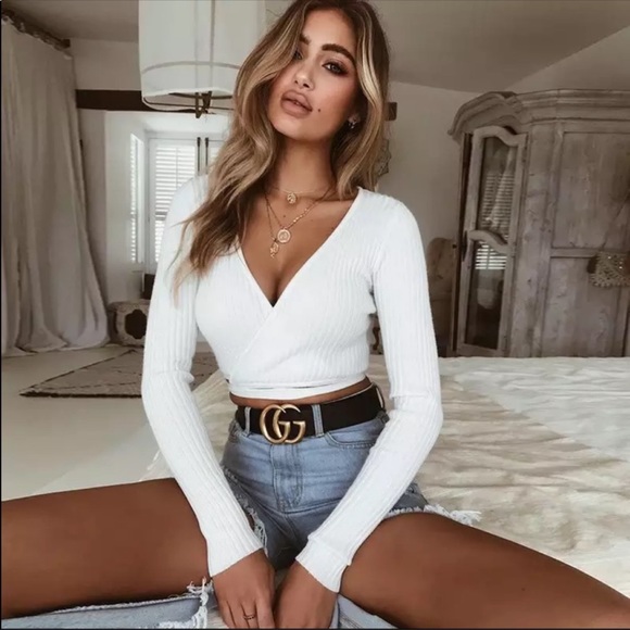 White ribbed wrap around tie crop top long sleeve - Picture 2 of 3